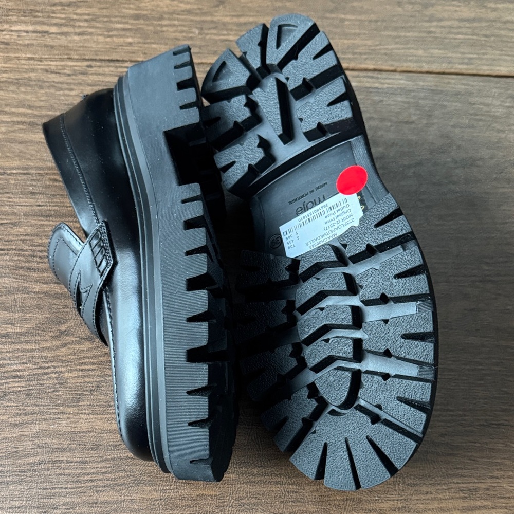 Maje Medaille Leather Platform Loafers in Black with Gold Accents - Picture 5 of 6
